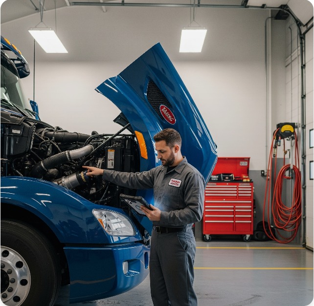 Commercial truck receiving service at Trucker Heaven